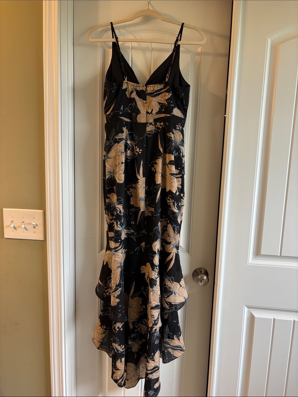 Lulu's Black Slip Dress with Beige Floral High-Low Hem